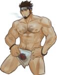  1boy amaimochi bara beard black_hair bulge chest_hair cigarette cropped_legs facial_hair forehead_protector highres large_pectorals loincloth male_focus mature_male muscular muscular_male naruto_(series) naruto_shippuuden navel navel_hair nipples pectorals sarutobi_asuma short_hair smoke smoking solo thick_thighs thighs topless_male unfinished 