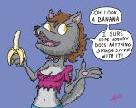  2021 4_fingers anthro blue_background blue_bottomwear blue_clothing blue_pants bottomwear brown_hair canid canine clawed_fingers clothing countershading digital_drawing_(artwork) digital_media_(artwork) female fingers fur grey_body grey_countershading grey_fur hair holding_banana looking_aside mammal pants pink_clothing pink_shirt pink_topwear shirt signature simple_background solo speech_bubble topwear torn_clothing torn_shirt torn_topwear were werecanid werecanine werewolf yellow_eyes zigmenthotep 
