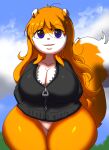  anthro blue_eyes breasts cleavage clothed clothing conker conker&#039;s_bad_fur_day crossgender female forest fur hands_in_pockets hoodie looking_at_viewer mammal orange_body orange_fur panties plant pockets rareware rodent sciurid short_stack smile solo topwear tree underwear video_games white_panties wide_hips young zaviel 