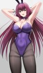  1girl animal_ears armpits arms_behind_head arms_up bangs bare_shoulders blush breasts brown_legwear cleavage covered_navel detached_collar fake_animal_ears fate/grand_order fate_(series) hair_between_eyes highleg highleg_leotard highres higofushi large_breasts leotard long_hair looking_at_viewer open_mouth pantyhose piercing_bunny playboy_bunny purple_hair purple_leotard rabbit_ears red_eyes scathach_(fate) smile solo thighband_pantyhose thighs wrist_cuffs 