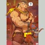 1:1 absurd_res anthro arm_hair ball_tuft balls biceps biped body_hair bottomwear bow_(weapon) chest_hair clothing dendryte_axxon digital_drawing_(artwork) digital_media_(artwork) domestic_pig ear_piercing ear_ring genitals glans hair happy_trail hi_res humanoid_genitalia humanoid_penis ineffective_clothing ineffective_loincloth loincloth male mammal melee_weapon microsoft minecraft mojang muscular muscular_anthro muscular_male nipples pecs penis piercing piglin pubes ranged_weapon ring_piercing scar shorts solo standing suid suina sus_(pig) sword thought_bubble topwear tuft vest weapon xbox_game_studios