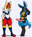  absurd_res animal_genitalia animal_penis anthro big_penis canine_penis cinderace duo genitals hi_res lucario male male/male nintendo penis pok&eacute;mon pok&eacute;mon_(species) rotten_owl shy simple_background small_penis tail_motion tailwag traditional_media_(artwork) video_games white_background 