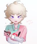  1boy ahoge bangs bede_(pokemon) blonde_hair collared_shirt curly_hair eyebrows_visible_through_hair eyelashes flying_sweatdrops gloves gvzzgl looking_at_viewer male_focus open_mouth partially_fingerless_gloves pink_shirt pokemon pokemon_(game) pokemon_swsh purple_eyes shirt short_hair short_sleeves simple_background solo teeth tongue translation_request undershirt upper_body upper_teeth white_background wristband 