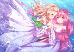  2girls bare_shoulders blonde_hair blue_background bow breasts bubble choker cleavage closed_mouth collarbone curly_hair dress eye_contact flower flower_knight_girl frills hair_flower hair_ornament hasu_(flower_knight_girl) highres hitsujigusa_(flower_knight_girl) holding_hands long_hair looking_at_another medium_breasts minkusu multiple_girls open_mouth pink_eyes pink_hair purple_bow signature smile tiara underwater veil white_choker white_dress yellow_eyes yuri 
