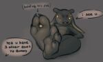 3_toes 4_eyes ambiguous_gender anthro claws demon dialogue empty_eyes feet foot_focus horn long_ears looking_at_viewer lying miii_cho modular multi_eye soles solo toe_claws toes