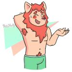  anthro armpit_hair blush bodily_fluids body_hair chest_hair clothed clothing embarrassed eyes_closed felid feline fur hi_res lion male mammal muscular nervous open_mouth pantherine pink_body pink_fur pink_marky simple_background smile solo sweat topless 