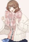  1girl ahoge blue_overskirt blue_skirt blush brown_hair cardigan clenched_hands fingernails gakuen_idolmaster gradient_hair hanami_ume hatsuboshi_gakuen_school_uniform highres idolmaster jacket looking_at_viewer multicolored_hair ne_mu_ko05 orange_hair padded_jacket pink_cardigan pink_scarf scarf school_uniform simple_background skirt smile solo twitter_username white_background white_jacket 