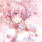  1girl ahoge braid capelet cherry_blossoms cyclamen_(flower_knight_girl) flower_knight_girl hair_ribbon kyouya_(hosituki) looking_at_viewer one_eye_closed parted_lips petals pink_background pink_eyes pink_hair pink_theme ribbon short_hair smile upper_body white_capelet 