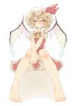  1girl absurdres ascot bare_legs barefoot blonde_hair bloomers blush bow crystal dress feet flandre_scarlet full_body hat hat_ribbon highres looking_at_viewer mob_cap panties puffy_short_sleeves puffy_sleeves red_eyes red_skirt ribbon seika_okawari shirt short_hair short_sleeves side_ponytail simple_background sitting skirt solo touhou underwear white_background wings 