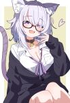  1girl absurdres ahoge animal_collar animal_ear_fluff animal_ears black-framed_eyewear black_collar black_jacket border breast_pocket breasts cat_ears cat_girl cat_tail cleavage collar collared_shirt fangs fingernails glasses hand_up heart highres hololive hutaba_haru jacket large_breasts long_sleeves looking_at_viewer nekomata_okayu nekomata_okayu_(oversized_shirt) open_mouth pocket purple_eyes purple_hair semi-rimless_eyewear shirt short_hair solo tail virtual_youtuber white_border white_shirt yellow_background 