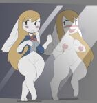  alice_(alice_in_wonderland) alice_in_wonderland anonymous_artist anthro big_breasts blush breasts clothing dress female genitals human human_to_anthro humanoid lagomorph leporid mammal mirror nipples nude pawpads pussy rabbit reflection small_tail solo species_transformation transformation transformation_sequence 