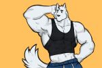 anthro armpit_hair blush body_hair canid canine canis clothing dark_clothing dynogreeno hi_res largo_(dynogreeno) male mammal midriff muscular muscular_anthro muscular_male raised_arm shirt simple_background solo tank_top topwear wolf