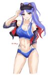  1girl animal_hat bikini blue_bikini blue_hair blue_tank_top breasts cat_hat hat highres jacket kantai_collection large_breasts lilshigu long_hair looking_at_viewer multicolored_clothes multicolored_hair multicolored_jacket official_alternate_costume one-hour_drawing_challenge ponytail red_hair simple_background solo south_dakota_(kancolle) south_dakota_(swimsuit_mode)_(kancolle) sports_bikini swimsuit tank_top visor_cap white_background 