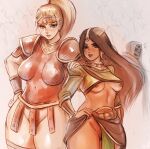  2girls amazon_(diablo_2) areola_slip areolae armor black_eyes black_hair blonde_hair boobplate bottomless bracer breastplate breasts circlet colored_pubic_hair cow cowboy_shot dark-skinned_female dark_skin diablo diablo_2 earrings female_pubic_hair gem groin hand_on_another&#039;s_shoulder hand_on_hip hoop_earrings jewelry large_breasts light_blue_eyes lips long_hair looking_at_viewer medium_breasts midriff mrkg_(arsfatuus) multiple_girls navel pauldrons ponytail pubic_hair red_armor shoulder_armor sorceress_(diablo_2) thighs 