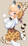  1girl animal_ears black_bow black_bowtie blonde_hair boots bow bowtie brown_hair center_frills commentary_request elbow_gloves eyebrows_visible_through_hair fang frills from_behind fur_collar gloves green_eyes high-waist_skirt highres jaguar_(kemono_friends) jaguar_ears jaguar_girl jaguar_print jaguar_tail kemono_friends multicolored_hair one_eye_closed oomabu_shichirou open_mouth print_gloves print_legwear print_skirt shirt short_hair short_sleeves sitting skirt solo stretch tail thighhighs wariza white_footwear white_fur white_shirt zettai_ryouiki 