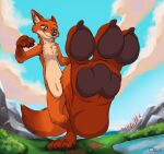 2021 3_toes anthro canid canine chest_tuft city claws detailed_background digital_drawing_(artwork) digital_media_(artwork) disney featureless_crotch feet fluffy fluffy_tail foot_focus foreshortening fox fur green_eyes landscape looking_down macro male mammal mountain nick_wilde nude orange_body orange_fur outside pawpads paws raised_leg sky smile soles solo stomping teaselbone toe_claws toes tuft zootopia 