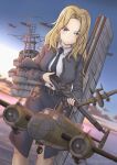 1girl 3girls absurdres aircraft airplane anchor b-25_mitchell belt black_belt black_necktie black_pantyhose black_skirt blonde_hair blue_eyes bolt_action bomber bomber_jacket breasts day fairy_(kancolle) gun highres holding holding_gun holding_weapon hornet_(kancolle) jacket kantai_collection large_breasts long_hair looking_at_viewer m1903_springfield military military_vehicle mini_person minigirl multiple_girls necktie outdoors pantyhose pencil_skirt rifle rigging shikabiscuit shirt skirt sleeveless sleeveless_shirt smile solo weapon white_shirt 