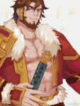  1boy abs amaimochi bara beard brown_hair character_request copyright_request eyebrow_cut facial_hair fur-trimmed_jacket fur_trim highres jacket male_focus mature_male muscular muscular_male open_clothes open_jacket pectoral_cleavage pectorals sheath sheathed short_hair smile solo stomach thick_eyebrows upper_body 