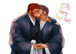  2boys absurdres alternate_costume bara beard black_kimono blue_eyes blush brown_hair chinese_zodiac couple dark-skinned_male dark_skin eye_contact facial_hair fate/grand_order fate_(series) goatee haori happy_new_year heads_together highres holding_hands interracial iskandar_(fate) japanese_clothes kimono kiss loboke long_sideburns looking_at_another male_focus mature_male multiple_boys muscular muscular_male napoleon_bonaparte_(fate) new_year pectoral_press red_eyes red_hair short_hair sideburns smile upper_body white_background yaoi year_of_the_tiger 