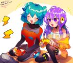  2girls ^_^ aria_rin bangs black_legwear blue_hair breasts cleavage closed_eyes collarbone commission controller english_commentary game_cartridge game_console highres holding holding_controller hood hoodie indie_virtual_youtuber medium_breasts mixed-language_commentary multiple_girls nintendo_64 nintendo_64_controller off_shoulder repikinoko second-party_source short_hair sitting skeb_commission smile thighhighs two_side_up v-shaped_eyebrows virtual_youtuber vividly_vivi yellow_hoodie 
