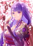  1girl absurdres blurry blurry_background breasts bridal_gauntlets cherry_blossoms closed_mouth commentary dango eating eyelashes falling_petals food genshin_impact gloves hands_up highres holding holding_food japanese_clothes kimono large_breasts long_hair looking_at_viewer low-tied_long_hair mole mole_under_eye obi petals purple_eyes purple_gloves purple_hair purple_kimono raiden_shogun sanshoku_dango sash solo tree upper_body very_long_hair wagashi watatai 