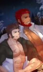  2boys absurdres alternate_costume bara beard black_jacket blue_eyes brown_hair casual couple craft_essence_(fate) cross_scar dark-skinned_male dark_skin facial_hair fate/grand_order fate_(series) goatee highres iskandar_(fate) jacket loboke long_sideburns male_focus mature_male multiple_boys muscular muscular_male napoleon_bonaparte_(fate) night night_sky open_clothes open_jacket pectoral_cleavage pectorals revision scar scar_on_chest shirt sideburns sky smile spiked_hair tree white_shirt 