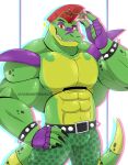  abs alligator alligatorid belt bracelet clothed clothing crocodilian fingerless_gloves five_nights_at_freddy&#039;s five_nights_at_freddy&#039;s:_security_breach gloves green_body hair handwear jewelry looking_at_viewer male montgomery_gator_(fnaf) pecs red_eyes red_hair reptile scalie scottgames shoulder_pads simple_background solo sparkles spiked_belt spiked_bracelet spikes star_glasses topless video_games 