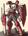  1girl animal_ears armored_leotard bare_shoulders english_commentary fake_animal_ears fluffy_hair full_body girls&#039;_frontline_2:_exilium greatsword grey_hair hair_between_eyes highres holding holding_shield holding_sword holding_weapon krolik_(girls&#039;_frontline_2) leotard long_hair looking_at_viewer madebyyamatsu mechanical_ears playboy_bunny rabbit_ears red_eyes shield solo standing sword tactical_playboy_bunny twitter_username weapon 