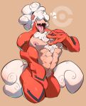  abs anthro anthrofied areola arts_of_indiego body_hair chest_hair claws covering covering_crotch covering_self fangs finger_claws hair hair_over_eyes hand_on_chest hi_res hisuian_growlithe horn male nintendo nipples nude open_mouth orange_body pecs pink_nipples pink_tongue pok&eacute;mon pok&eacute;mon_(species) pok&eacute;morph ponytail solo tongue video_games white_hair 