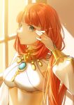  1girl absurdres blue_eyes blue_gemstone commentary crop_top eyeliner gem genshin_impact hand_on_own_face hand_up harem_outfit highres indoors jewelry long_hair long_sleeves looking_at_viewer makeup neck_ring nilou_(genshin_impact) no_headwear open_mouth portrait puffy_long_sleeves puffy_sleeves red_eyeliner red_hair solo sunlight twintails watatai window 