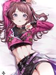  1girl abs absurdres blue_eyes blue_overskirt brown_hair cropped_jacket double_bun earrings endo_yohane fighting_my_way_(idolmaster) gakuen_idolmaster hair_bun hanami_saki highres hoop_earrings idol_clothes idolmaster jacket jewelry long_hair long_sleeves looking_at_viewer lying navel on_back pink_jacket signature solo two_side_up 