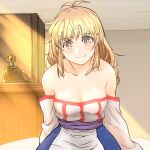  1girl arc_the_lad arc_the_lad_ii bare_shoulders blonde_hair breasts brown_eyes cleavage closed_mouth collarbone commission dress highres hosshi_(nariagari) lieza long_hair looking_at_viewer skeb_commission smile solo 
