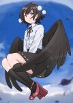  1girl arms_between_legs bangs bird_wings black_hair black_legwear black_neckwear black_ribbon black_skirt black_wings blue_sky blush closed_mouth cloud collared_shirt commentary_request day eyelashes feathered_wings feathers full_body hat highres light_smile lips long_sleeves nurupo_(abooon) pom_pom_(clothes) red_eyes red_footwear red_headwear ribbon ribbon-trimmed_skirt ribbon_trim shameimaru_aya shiny shiny_hair shirt short_hair skirt sky smile socks solo tokin_hat touhou v_arms white_shirt wing_collar wings 