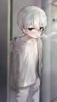  1boy absurdres blush brown_eyes cardigan doorway han_seol highres looking_at_viewer male_focus neutral_colors nichijou original pale_skin red_eyes shirt white_hair white_shirt 