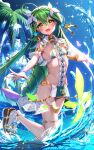  1girl :d armlet armpits bikini bow bracelet center_frills cloud cowboy_shot detached_collar flat_chest flower_knight_girl frills green_bikini green_hair green_nails hair_bow hair_ornament highres jewelry leaf_lsd long_hair looking_at_viewer mint_(flower_knight_girl) open_mouth outdoors outstretched_arms palm_tree pink_bow sky smile solo spread_arms standing standing_on_one_leg summer swimsuit tassel thighlet toenails tongue tree water wet yellow_eyes 