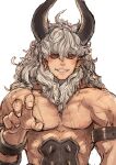  1boy areolae asterios_(fate) black_sclera claw_pose colored_sclera cuffs fate/grand_order fate_(series) handcuffs highres horns long_hair male_focus muscular muscular_male red_eyes smile solo tokonatu topless_male unfinished upper_body white_hair 