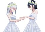  2girls absurdres bare_arms black_hair blue_eyes bride brown_eyes chinese_commentary closed_mouth commentary_request dress flower hair_behind_ear hair_flower hair_ornament highres jewelry light_smile lily_(flower) long_hair multiple_girls original putting_on_jewelry ring short_hair simple_background sleeveless sleeveless_dress strapless strapless_dress syouko_jiaozijun upper_body wedding wedding_band wedding_dress white_background white_dress white_flower white_hair wife_and_wife yuri 