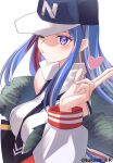  1girl baseball_cap between_breasts black_necktie blowing_kiss blue_eyes blue_hair breasts collared_shirt commentary_request dress_shirt hat heart highres jacket kantai_collection large_breasts long_hair multicolored_clothes multicolored_hair multicolored_jacket necktie necktie_between_breasts official_alternate_costume one-hour_drawing_challenge red_hair shirt simple_background solo south_dakota_(kancolle) south_dakota_(valentine_mode)_(kancolle) tsukasa_(tukasa_br) upper_body white_background white_hair white_shirt 