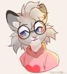  &lt;3 accessory anthro blue_eyes blush clothed clothing digital_media_(artwork) domestic_cat egyptian_mau eyewear felid feline felis fluffy fur geekidog glasses headshot hi_res looking_to_the_side male mammal nixuelle open_mouth pink_clothing pink_sweater pink_topwear simple_background smile solo sweater topwear 