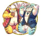  2022 anthro asian_clothing belly blue_body blush bulge clothing duo east_asian_clothing eyes_closed felid fundoshi hi_res humanoid_hands japanese_clothing kemono male mammal overweight overweight_male pantherine pink_nose red_clothing red_fundoshi red_underwear tiger tongue tongue_out un0sk underwear white_body white_clothing white_fundoshi white_underwear yellow_body 
