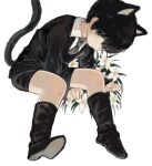  1boy animal_ears black_eyes black_hair boots cat_boy cat_ears cat_tail cotono_(nazekun) flower highres looking_at_viewer male_focus original pale_skin short_shorts shorts tail 