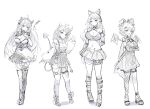  4girls absurdres bangs breasts bsapricot_(vtuber) cat_ear_headphones cleavage crossed_arms demon_girl demon_tail demon_wings english_commentary greyscale hair_behind_ear headphones highres horns ironmouse large_breasts long_hair maid_headdress medium_breasts midriff monochrome multiple_girls multiple_horns navel off-shoulder_sweater off_shoulder orobou pointy_ears short_hair silvervale sketch skirt smile sweater tail thigh_strap vei_(vtuber) virtual_youtuber vshojo waving wings 