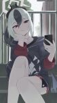  1girl absurdres black_hair black_hoodie black_horns blue_archive cellphone closed_mouth commentary facing_viewer gangjeong grey_hair grey_halo halo head_rest highres holding holding_phone hood hoodie horns kayoko_(blue_archive) korean_commentary legs long_sleeves looking_at_phone medium_hair multicolored_hair phone ponytail red_eyes sitting smartphone solo stairs two-tone_hair 