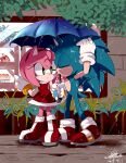  1boy 1girl amy_rose animal_nose boots chinese_commentary closed_eyes dress furry furry_female furry_male gloves green_eyes hairband highres holding holding_umbrella outdoors rain red_dress red_footwear shared_umbrella sonic_(series) sonic_the_hedgehog umbrella walking wet white_gloves ziver 