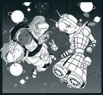  2girls absurdres antenna_hair blush closed_eyes constellation double_v engine gundam haniwa_(statue) haniyasushin_keiki helmet highres joutouguu_mayumi knees_together_feet_apart long_hair looking_at_viewer ma_(22mabo) mechanization mobile_suit_gundam monochrome multiple_girls pisces_(constellation) planet planetary_ring robot robot_girl scorpius_(constellation) smile space space_helmet spacesuit star_(symbol) touhou v virgo_(constellation) zeong 