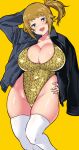  1girl absurdres aiuti black_jacket blue_eyes border breasts brown_hair casual_one-piece_swimsuit cleavage commentary_request feet_out_of_frame gold_one-piece_swimsuit gundam gundam_build_fighters gundam_build_fighters_try hand_on_own_hip highleg highleg_one-piece_swimsuit highres hoshino_fumina jacket large_breasts looking_at_viewer one-piece_swimsuit open_clothes open_jacket outside_border ponytail simple_background snake_print solo swimsuit thighhighs white_thighhighs yellow_background 