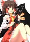  1girl absurdres ak-47 alternate_hairstyle assault_rifle bangs benikurage_(cookie) blunt_bangs blush bow brown_eyes brown_hair commentary_request cookie_(touhou) detached_sleeves eyebrows_visible_through_hair feet_out_of_frame flag frilled_hair_tubes frilled_skirt frills gun hair_bow hair_tubes hakurei_reimu half_updo highres holding holding_gun holding_weapon isis_(terrorist_group) kalashnikov_rifle looking_at_viewer medium_hair necktie open_mouth orange_scarf red_bow red_shirt red_skirt ribbon-trimmed_sleeves ribbon_trim rifle sarashi scarf shirt simple_background skirt sleeveless sleeveless_shirt smile solo striped striped_scarf szk touhou weapon white_background white_sleeves yellow_necktie yellow_scarf 