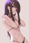  1girl artist_name bare_arms bikini black_bikini brown_hair commentary dated_commentary eyebrows_visible_through_hair grey_background long_hair looking_at_viewer micro_bikini navel open_mouth original purple_eyes simple_background skeptycally smile solo swimsuit upper_body 