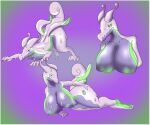 2022 anthro ass_up big_breasts big_butt breast_rest breasts butt featureless_breasts female fusion glowing goo_(disambiguation) goodra green_eyes grey_body hi_res huge_breasts huge_butt lying multicolored_body nintendo pok&eacute;mon pok&eacute;mon_(species) pok&eacute;mon_fusion purple_background purple_body reapcreates831 salazzle scalie simple_background solo sylvina_(reapcreates831) two_tone_body video_games 