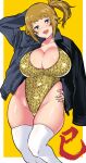  1girl absurdres aiuti black_jacket blue_eyes border breasts brown_hair casual_one-piece_swimsuit chinese_zodiac cleavage commentary_request feet_out_of_frame gold_one-piece_swimsuit gundam gundam_build_fighters gundam_build_fighters_try hand_on_own_hip highleg highleg_one-piece_swimsuit highres hoshino_fumina jacket large_breasts looking_at_viewer one-piece_swimsuit open_clothes open_jacket outside_border ponytail snake_print solo swimsuit thighhighs two-tone_background white_border white_thighhighs year_of_the_snake yellow_background 